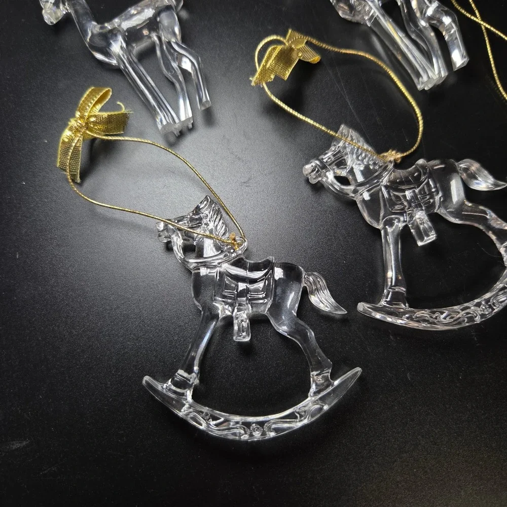 Clear Plastic Christmas Ornaments Set of 6 Reindeer Angel Rocking Horse Gold Bow
